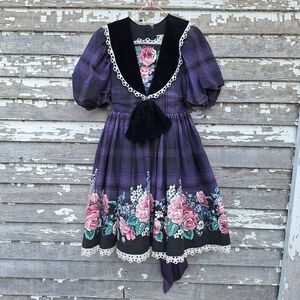 Vintage Daisy Kingdom Purple Plaid Dress with Floral Design Size 6